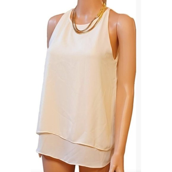 SAINT TROPEZ WEST-SMALL- Layered Chiffon Split Back Women's Sleeveless Beige Top - Picture 9 of 13